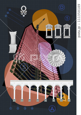 Urban environment and city life. Surreal art collage with elements of architectural details, building facades, construction sites. Mixed industrial background of modern and historical architecture. Urban environment and city life. Surreal art collage with elements of architectural details, building facades, construction sites. Mixed industrial background of modern and historical architecture. 111350189
