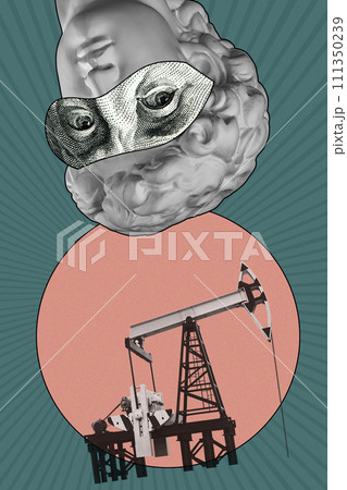 Pop art collage with antique statue head and industrial objects and dollar bill details. Surreal poster, template for concept design or cover. Alternative zine culture. Pop art collage with antique statue head and industrial objects and dollar bill details. Surreal poster, template for concept design or cover. Alternative zine culture. 111350239