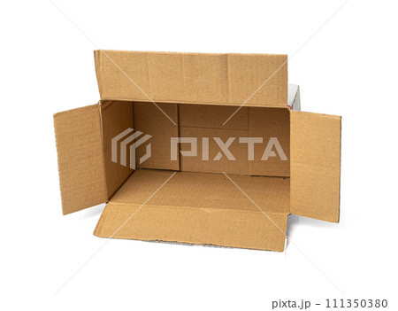 Empty Cubic Paper Box, Brown Cardboard Package Mockup, Open Cube Box Isolated on White 111350380
