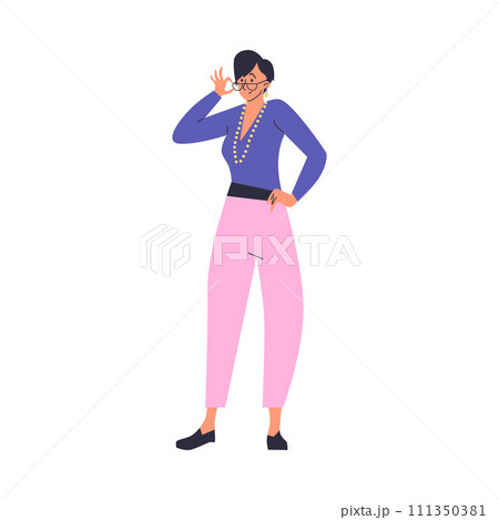Woman standing and adjusting her glasses, vector illustration on white 111350381