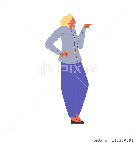 Angry woman pointing, threatening her finger, cartoon vector negative emotion gesture, swears grumpy face expression Angry woman pointing, threatening her finger, cartoon vector negative emotion gesture, swears grumpy face expression 111350391