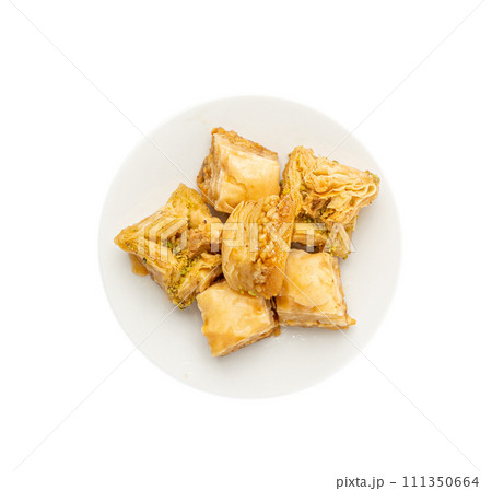 Baklava Isolated, Small Ramadan Dessert, Eastern Sweet Filo Pastries, Turkish Honey Baklawa, Oriental Desert 111350664