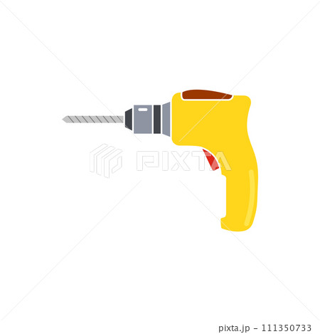 Portable electric hand drill drawing with bit. Yellow power drill icon. Isolated vector cartoon clipart on white blank background. Portable electric hand drill drawing with bit. Yellow power drill icon. Isolated vector cartoon clipart on white blank background. 111350733
