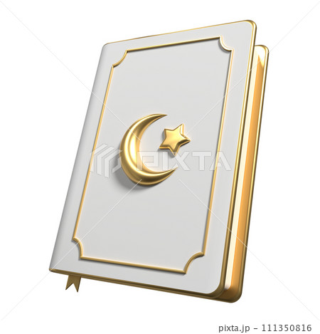 Islamic golden holy quran book icon. Golden holy quran ramadan icon. 3D rendering holy quran isolated. Quran 3d icon illustration 111350816