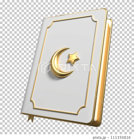 Islamic golden holy quran book icon. Golden holy quran ramadan icon. 3D rendering holy quran isolated. Quran 3d icon illustration 111350816
