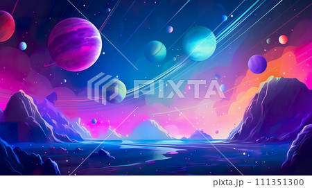 AI-generated content. colorful illustration of cosmos with planets, stars and nebulas, in style of purple and blue, cartoon astronomy concept, swirl patterns AI-generated content. colorful illustration of cosmos with planets, stars and nebulas, in style of purple and blue, cartoon astronomy concept, swirl patterns 111351300