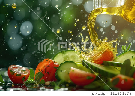 Green salad with tomato and fresh vegetables dressed olive oil Green salad with tomato and fresh vegetables dressed olive oil 111351575