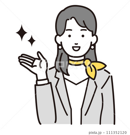 案内をするスカーフを首に巻いたスーツの女性イラスト 案内をするスカーフを首に巻いたスーツの女性イラスト 111352120