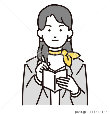 メモ書きをするスカーフを首に巻いたスーツの女性イラスト メモ書きをするスカーフを首に巻いたスーツの女性イラスト 111352127