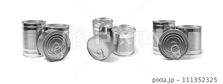 Different Tin Cans Isolated, Preserve Template Mockup, Metal Milk Package Group, Aluminum Containers Different Tin Cans Isolated, Preserve Template Mockup, Metal Milk Package Group, Aluminum Containers 111352325