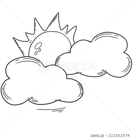 black line art of cloud and sun on a  transparent background, coloring book art supply for kids 111352574