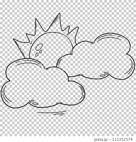 black line art of cloud and sun on a  transparent background, coloring book art supply for kids 111352574
