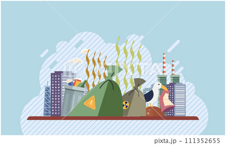 Nature pollution. Vector illustration. Pollution has become common issue in many parts world Unsustainable practices lead to unsanitary conditions and nature pollution Tainted water sources are result Nature pollution. Vector illustration. Pollution has become common issue in many parts world Unsustainable practices lead to unsanitary conditions and nature pollution Tainted water sources are result 111352655