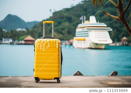 Left behind. yellow suitcase and abandoned travelers belongings on a cruise liner background Left behind. yellow suitcase and abandoned travelers belongings on a cruise liner background 111353004