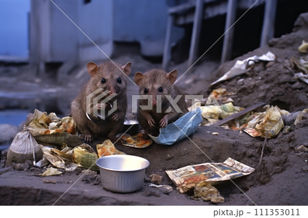 Urban scavenging. city rats sitting on trash pile, in search for food in an urban environment 111353011