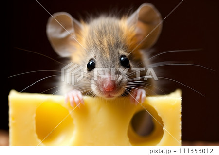 Adorable brown mouse nibbling on a piece of cheese in a cozy, rustic kitchen setting 111353012