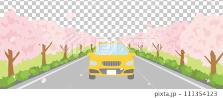 A car running along a row of cherry blossom trees, a spring drive scene A car running along a row of cherry blossom trees, a spring drive scene 111354123