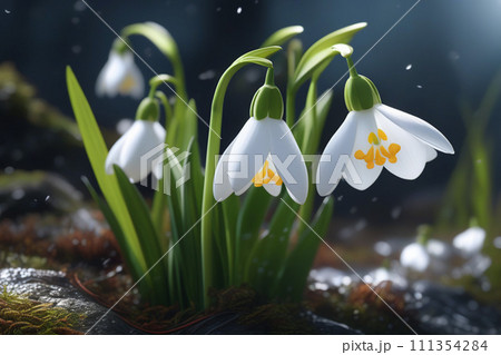 Beautiful first flowers snowdrops in spring forest. Tender spring flowers snowdrops harbingers of warming symbolize the arrival of spring. Scenic view of the spring forest with blooming flowers 111354284