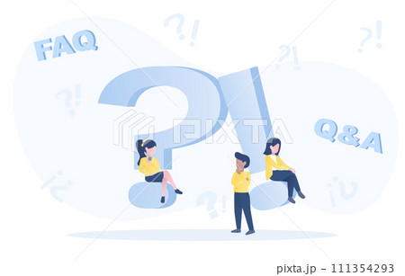 FAQ, question and answer concept. Big symbol question mark and exclamation point. Business people character talking, question mark, exclamation point and QA. Flat vector design illustration. FAQ, question and answer concept. Big symbol question mark and exclamation point. Business people character talking, question mark, exclamation point and QA. Flat vector design illustration. 111354293