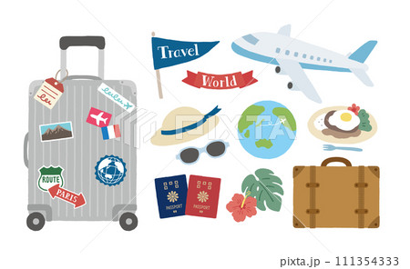 スーツケースや飛行機など旅行アイコンセット スーツケースや飛行機など旅行アイコンセット 111354333