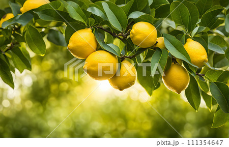 Lemon tree branches laden with bright yellow lemons Lemon tree branches laden with bright yellow lemons 111354647