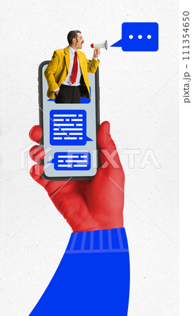 Contemporary art collage. Hand holding smartphone with man shouting into megaphone, chat bubbles on screen. Contemporary art collage. Hand holding smartphone with man shouting into megaphone, chat bubbles on screen. 111354650