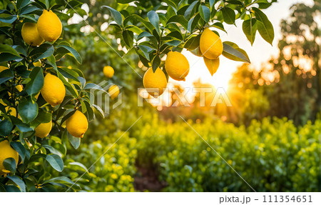 Lemon tree branches laden with bright yellow lemons Lemon tree branches laden with bright yellow lemons 111354651