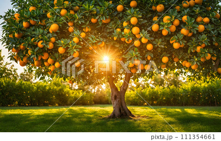 Abundant orange tree with ripe oranges in focus foreground, garden setting background 111354661