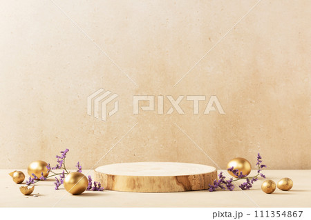 Empty round wooden podium, golden easter eggs with spring flowers on a beige background Empty round wooden podium, golden easter eggs with spring flowers on a beige background 111354867