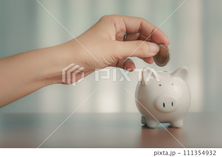 Piggy bank with a hand holding coins, symbolizing savings and wealth in the world of finance and banking 111354932