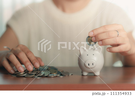 Person Saving Money in Piggy Bank with Hand, Financial Concept of Banking, Savings, and Investment 111354933