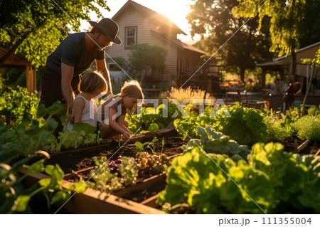 AI-generated content. Sustainable lifestyle concept - family tending to their backyard 111355004