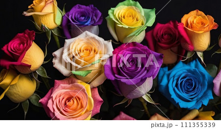 Rainbow smoky flowers on black background. 111355339