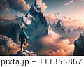 Magical Fantasy Adventre Composite of Man Hiking on top of a Mountain Peak. Colorful Sunset Sky Art 111355867