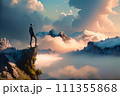 Copy space of man on top of mountain and sunset sky abstract background. Freedom and travel 111355868