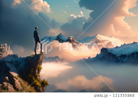 Copy space of man on top of mountain and sunset sky abstract background. Freedom and travel Copy space of man on top of mountain and sunset sky abstract background. Freedom and travel 111355868