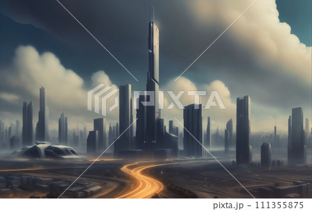 AI-generated content. Futuristic urban skyline,Fictional City Skyline, AI-generated content. Futuristic urban skyline,Fictional City Skyline, 111355875