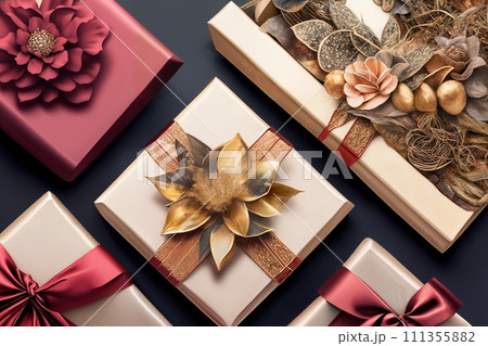 Gift or present box and flower gypsophila on table top view. Greeting card. Flat lay style with copy Gift or present box and flower gypsophila on table top view. Greeting card. Flat lay style with copy 111355882