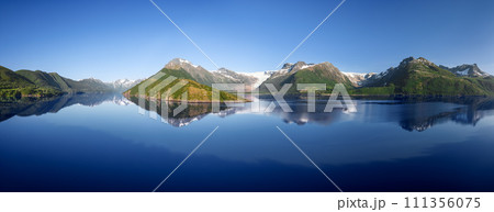 Svartisen Glacier in Saltfjell mountains, with fjord's mirror waters and lush slopes, summer 111356075