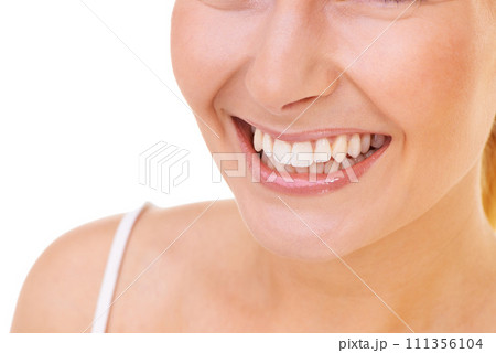 Smile, dental and woman in studio for oral care, hygiene and fresh breath treatment closeup on white background. Teeth whitening, mouth or female model with mockup for cleaning, tooth or gum wellness 111356104
