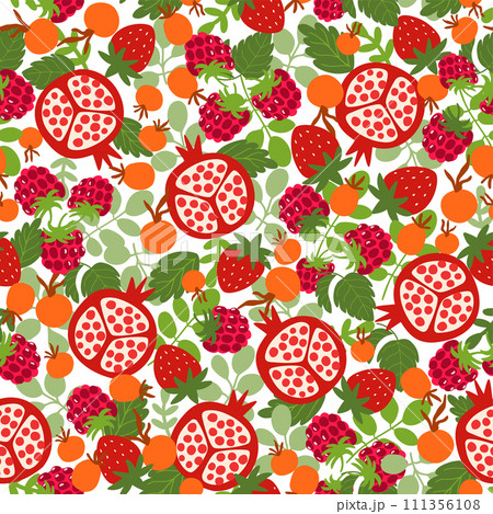 Summer berry and fruits seamless pattern, strawberry, pomegranate, leaves vector repeat background. 111356108