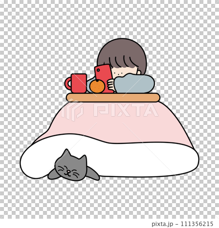 こたつでくつろぐ猫とスマホする女の子 111356215
