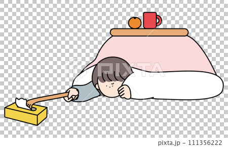 A sluggish girl sitting under a kotatsu pulls a box of tissues with her grandson's hand. A sluggish girl sitting under a kotatsu pulls a box of tissues with her grandson's hand. 111356222