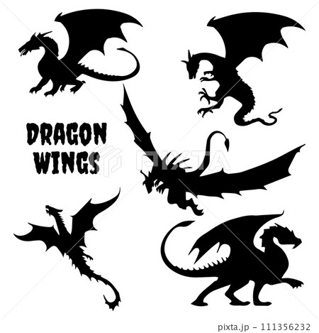 Black stylized vector illustrations of dragons silhouettes 111356232