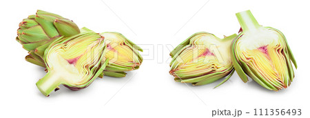 Fresh Artichokes and half isolated on white background closeup Fresh Artichokes and half isolated on white background closeup 111356493