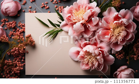 AI-generated content. Mockup of invitation, blank paper greeting card and peonies flowers on a gray stone table AI-generated content. Mockup of invitation, blank paper greeting card and peonies flowers on a gray stone table 111356771