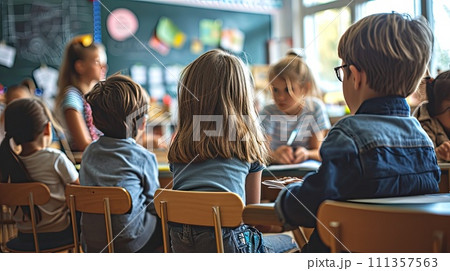 AI-generated content. Back view of school pupils listening to teacher in classroom, AI-generated content. Back view of school pupils listening to teacher in classroom, 111357563