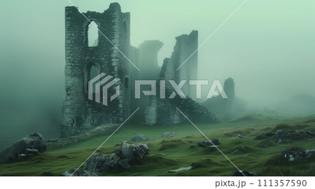 Majestic Celtic castle ruins, draped in morning fog, embodying the mystery of Celtic history Majestic Celtic castle ruins, draped in morning fog, embodying the mystery of Celtic history 111357590