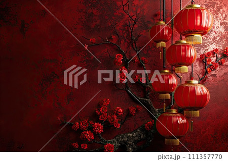 AI-generated content. chinese new year poster blank, dark crimson, festive background with space for text 111357770