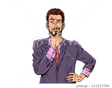 Pop Art Retro A guy in a purple suit is thinking about a problem. Come up with an interesting solution to the situation. Emotional expression of a person's face. 111357780